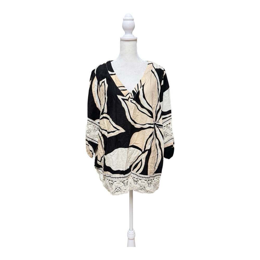 Rachel Zoe Women’s 1X Linen Blend Floral Lace Trim Blouse Black Cream